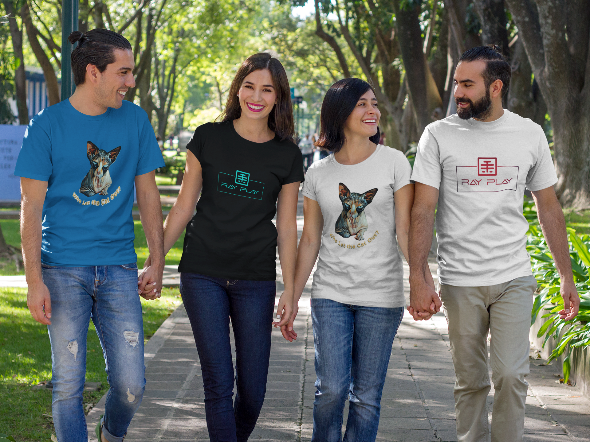 group-of-two-couples-walking-and-talking-at-a-park-while-wearing-different-t-shirts-template-a15685.png