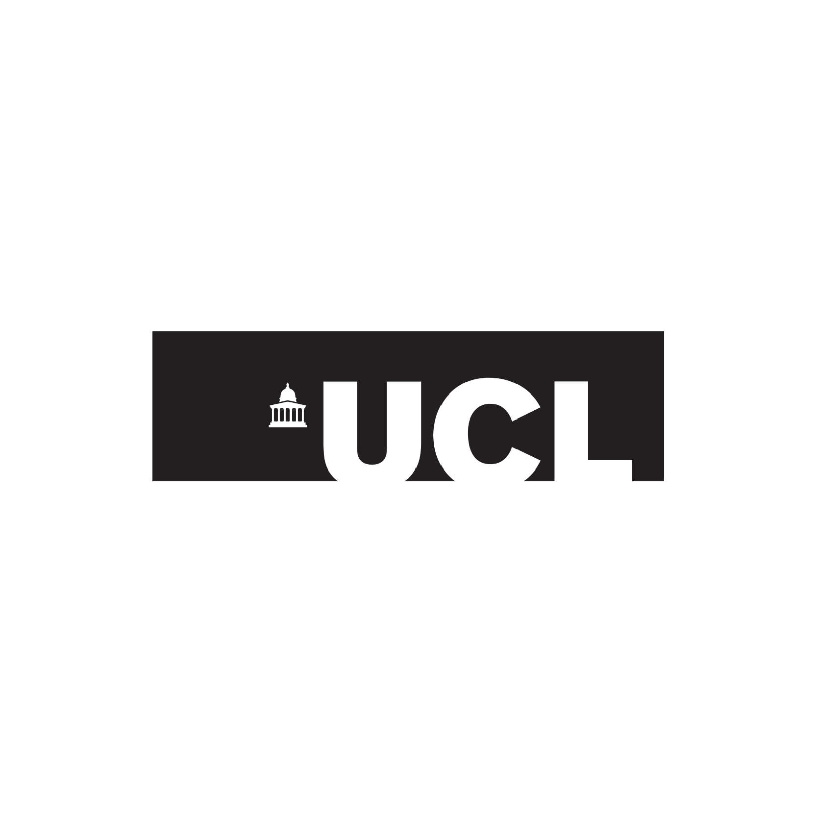 Black rectangular sign with the word "UCL" in white and a small white icon of a building dome to the left of the text.