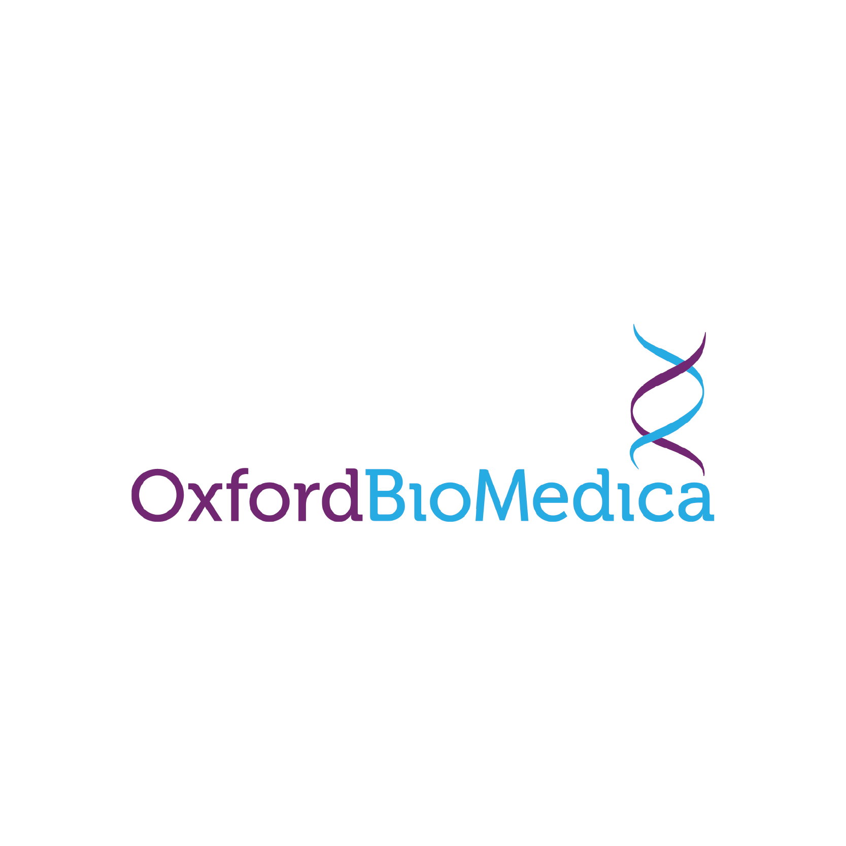 Oxford BioMedica logo with a stylized DNA double helix in purple and blue.