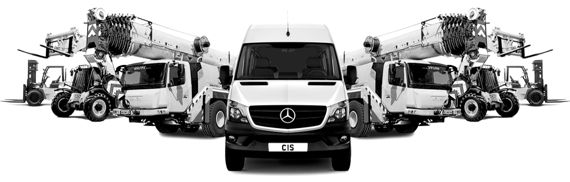 A collection of construction vehicles including two mobile cranes, two forklifts, and a Mercedes-Benz van, arranged symmetrically in black and white.