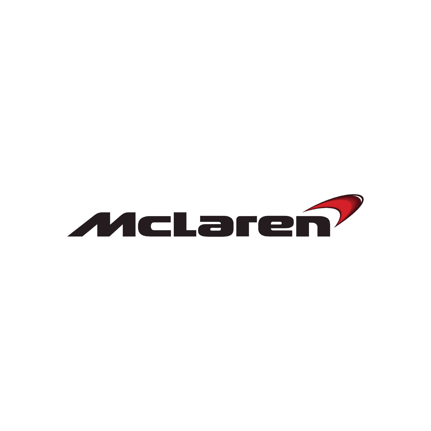 The McLaren logo in black with a red swoosh on a white background.
