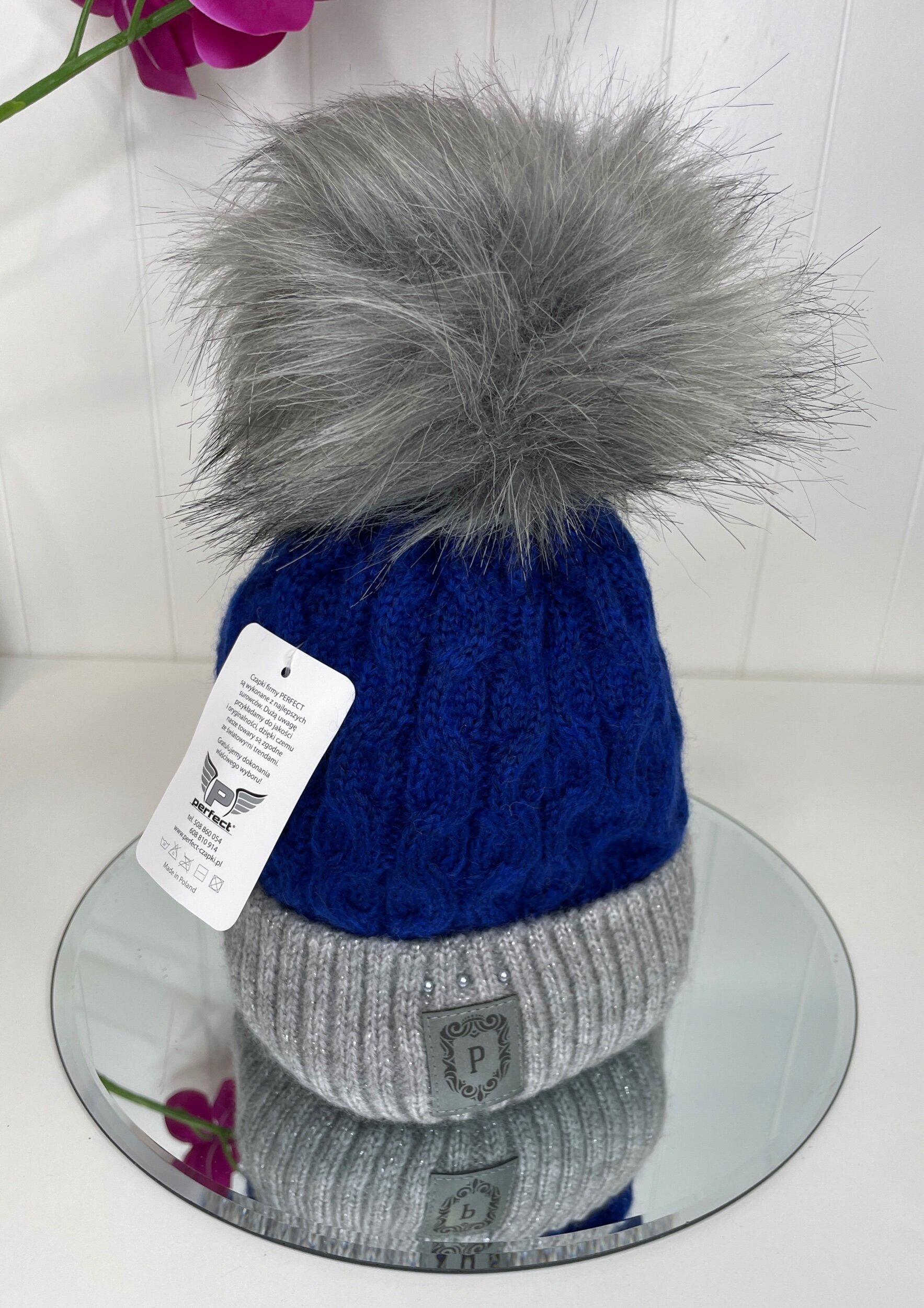 Royal Blue and Grey Fleece Lined Bobble Hat