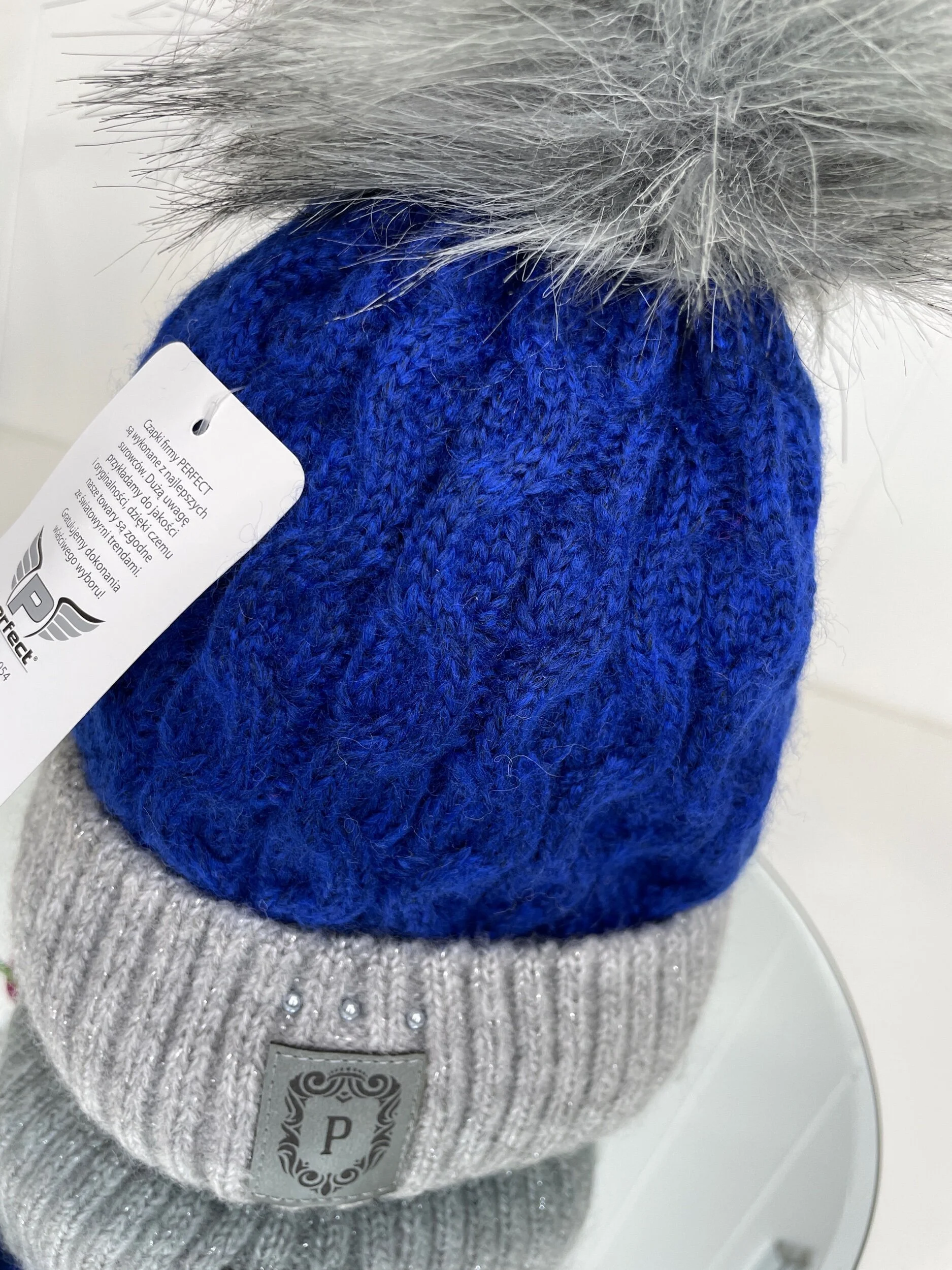 Royal Blue and Grey Fleece Lined Bobble Hat