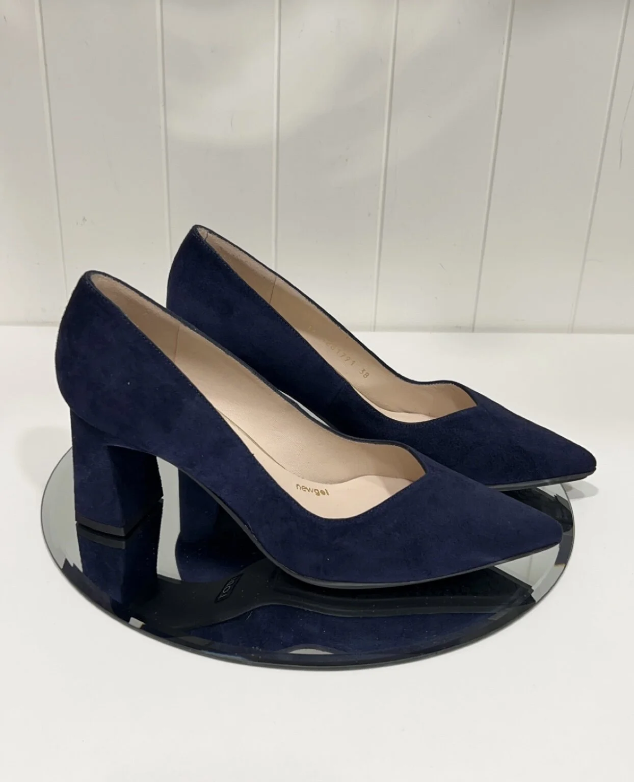 Blue block heel court shoes best sale