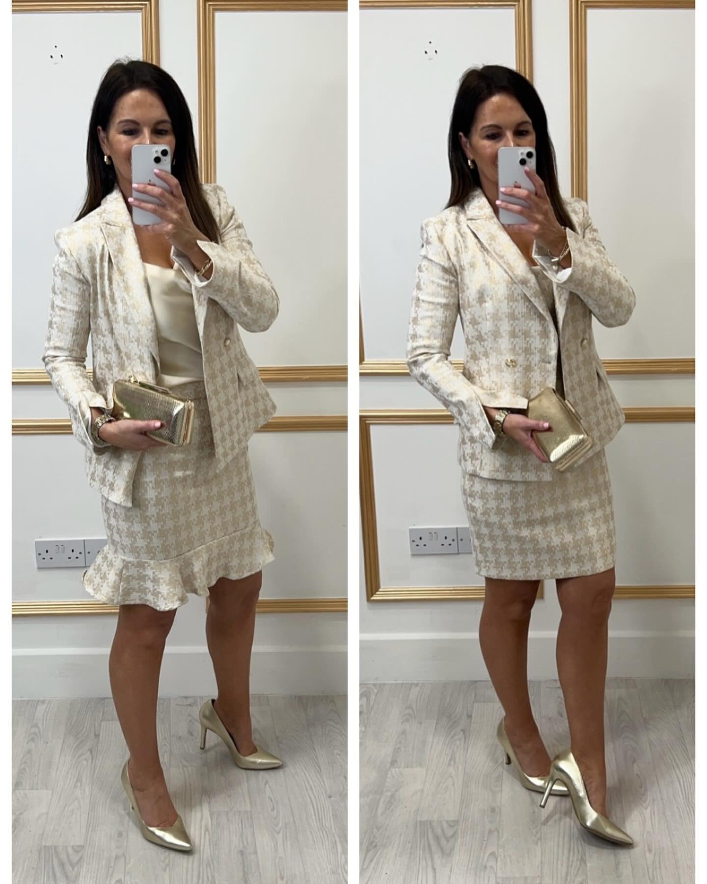 🤩🥂✨ 3 Piece Outfit&hellip;Classic &amp; Timeless gold and cream outfit that can be mixed &amp; matched between the blazer and dress or skirt. LOVE it 💫

This 3 Piece is available Exclusively In store Only
Fiona x
#instoreexclusive #3piecesuit #cre