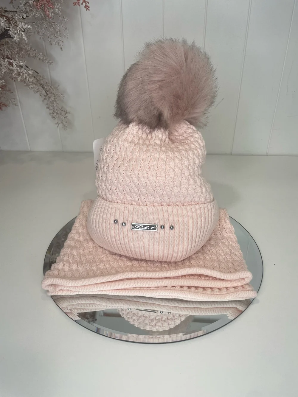 HELGA CABLE KNIT BOBBLE HAT/SNOOD (BABY BLUE) — Fusion Fashion