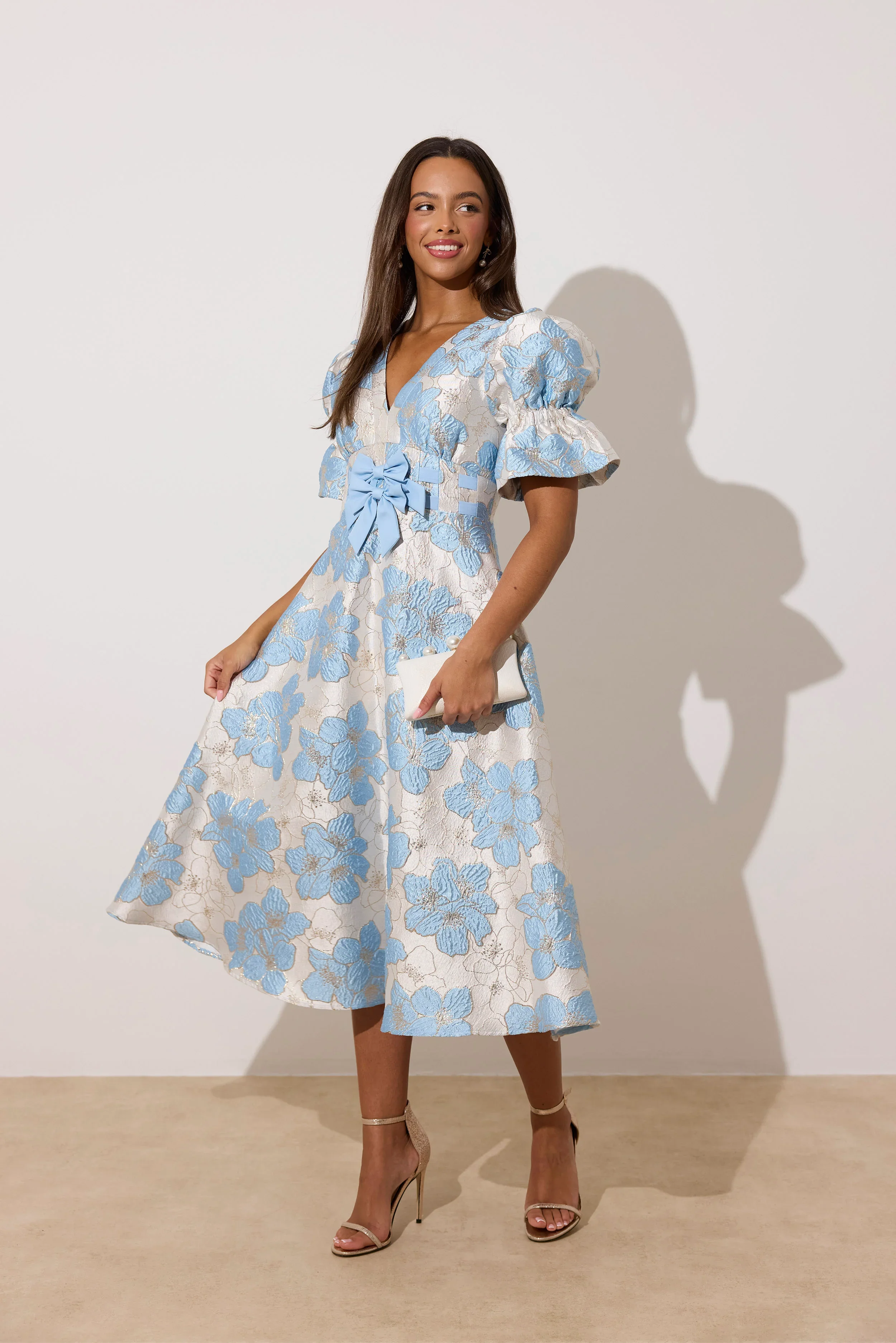 CALLIE METALLIC BLUE BOW DRESS