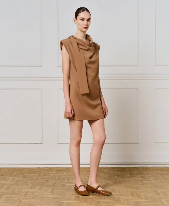 LILY CAMEL DRAPE DRESS