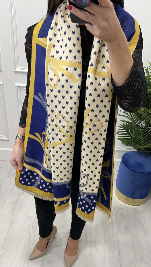 Pashmina Navy, Yellow, Cream hearts and Bows