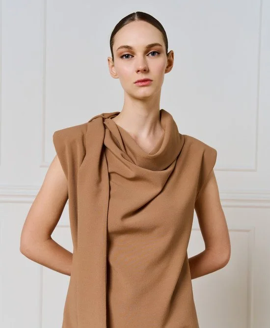LILY CAMEL DRAPE DRESS