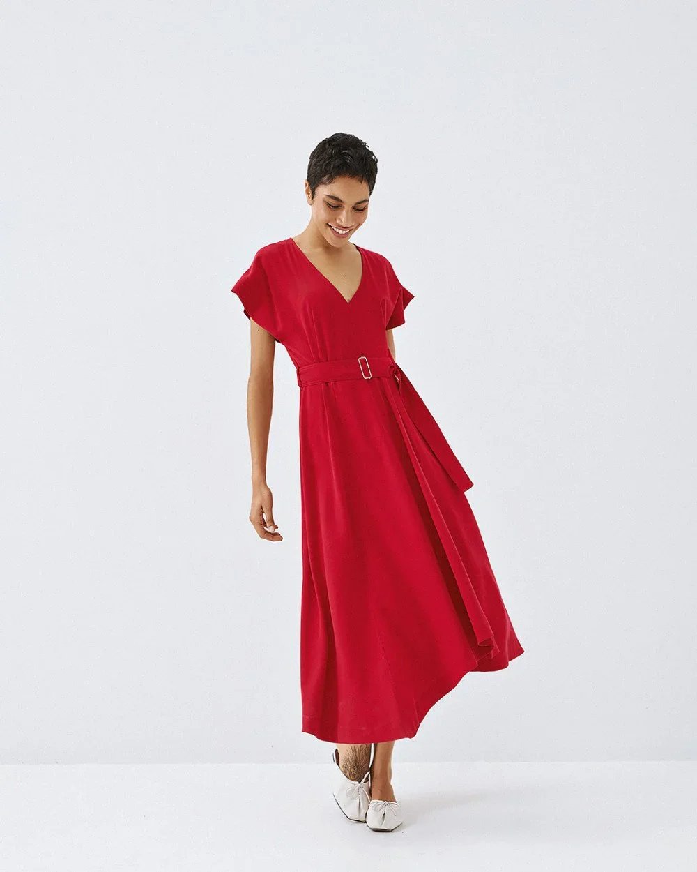 AVA RED BELTED MIDI DRESS  Fusion Fashion Moycullen