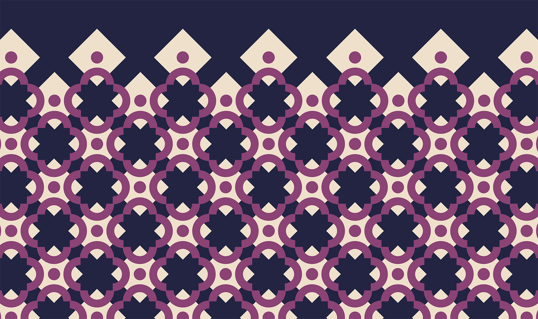Mönster med mörkblå, beige och lila geometriska former i ett repetitivt design.