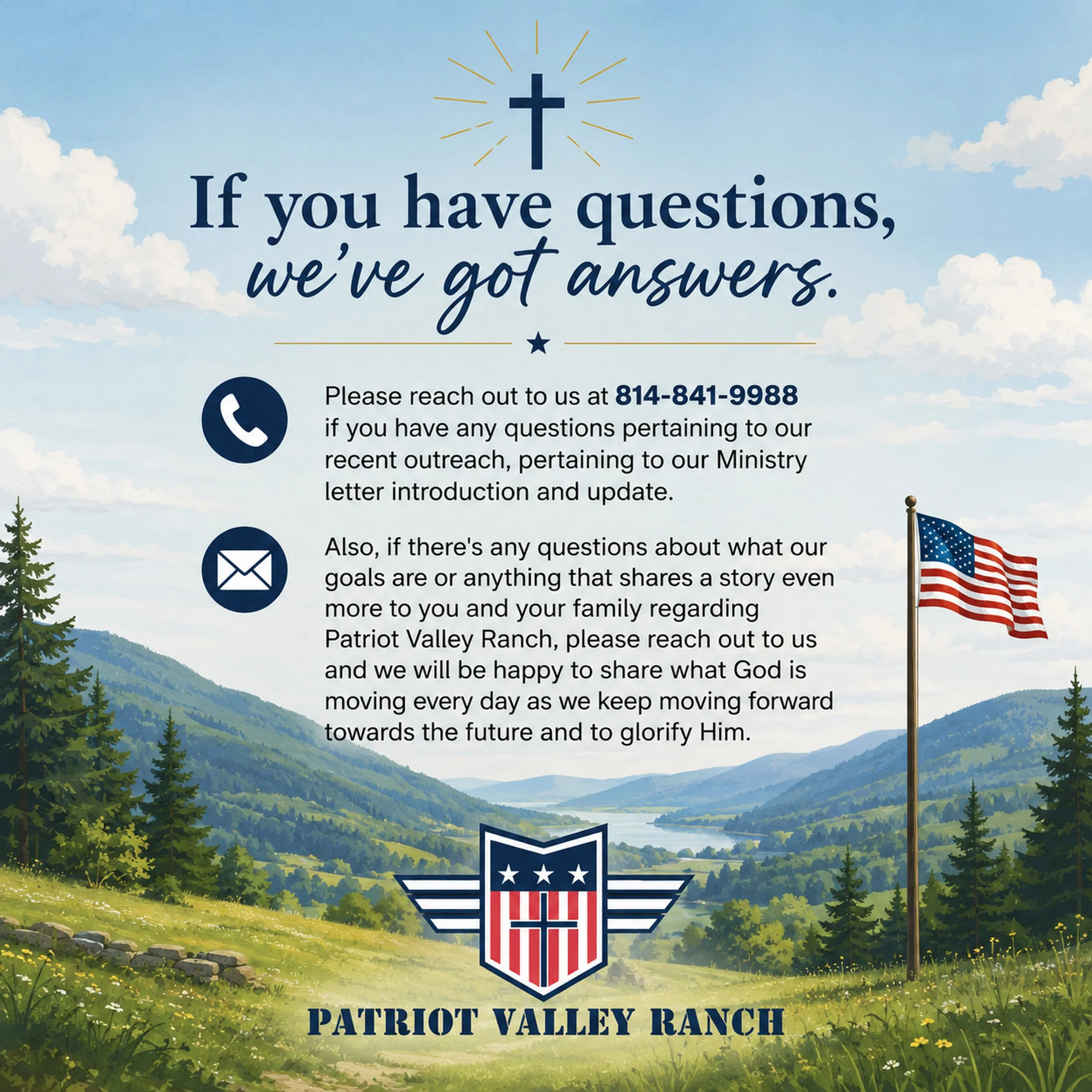 A scenic landscape with green trees, grass, mountains, and a body of water under a blue sky with some clouds. A flagpole with an American flag is visible to the right. A shield with patriotic colors and stars is at the bottom center, with the text 'Patriot Valley Ranch' and other related text and symbols.