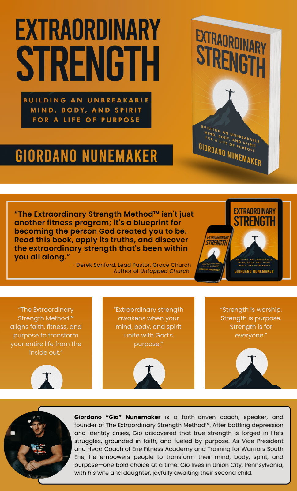 Book cover and promotional graphic for 'Extraordinary Strength' by Giordano Nunemaker, featuring an orange background, black text, and an illustration of a person standing on a mountain peak with arms raised in front of a sun.