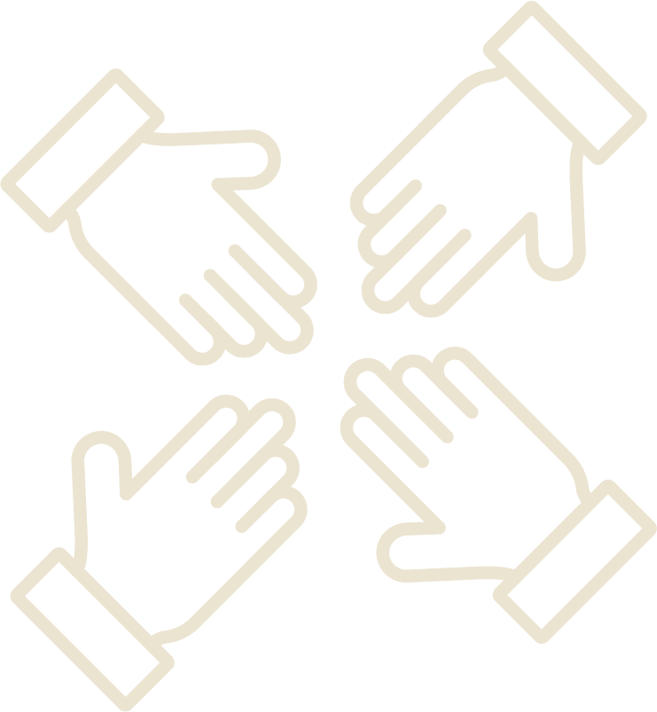 Illustration of four hands clasped together, forming a circle, symbolizing teamwork or unity.