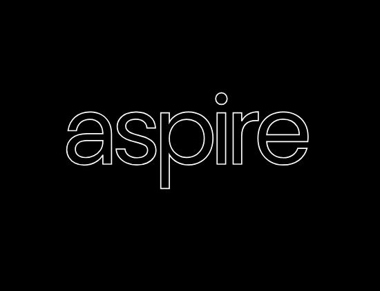 the word aspire is in a white outline lettering on a plain black square background