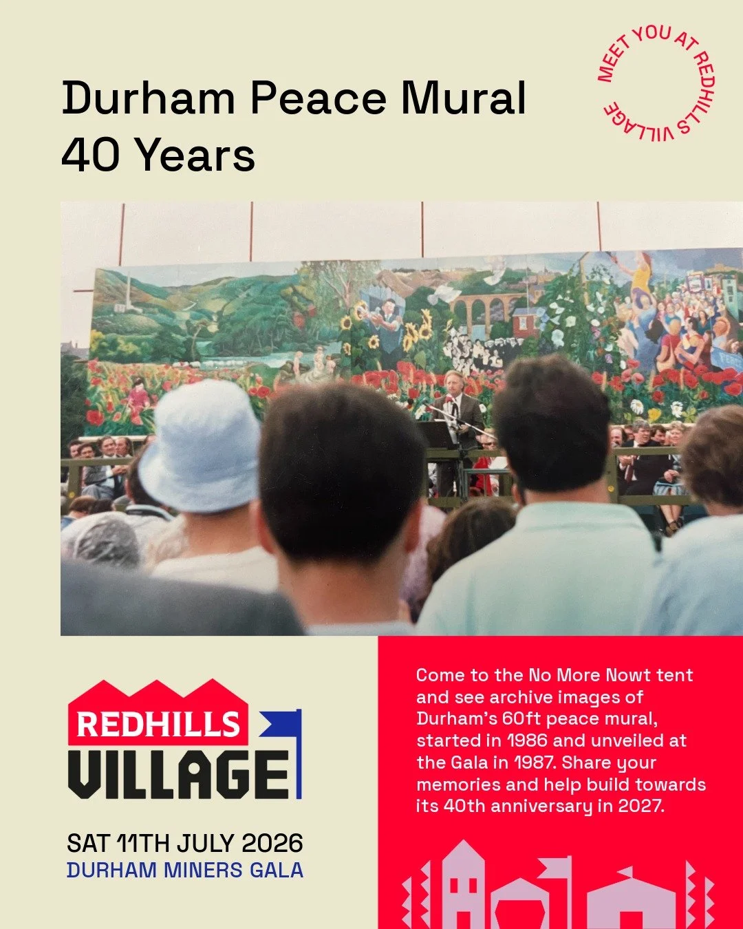 Durham Peace Mural 40 Years will be at Durham Miners' Gala 2026 🙌

Come and see archive images of Durham's 60ft peace mural, started in 1986 and unveiled at the Gala in 1987 - share your memories and help us build towards its 40th anniversary in 202