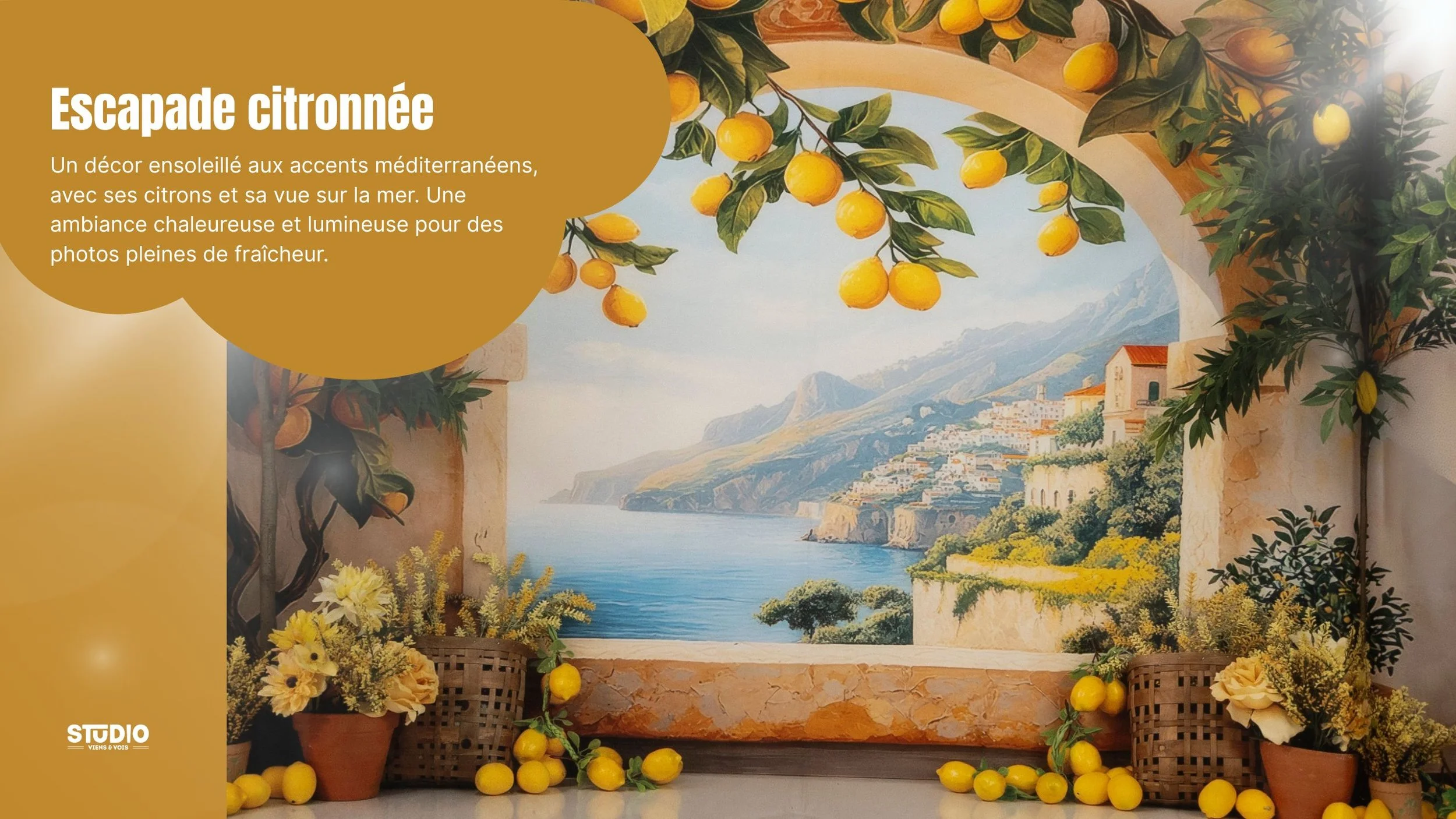 Décor méditerranéen ensoleillé avec des citrons, une vue sur la mer et un tableau représentant un paysage côtier. Présence de grands pots de fleurs avec des fleurs jaunes et blanches, et des citrons disposés en décoration. Séance photo en Valais pour