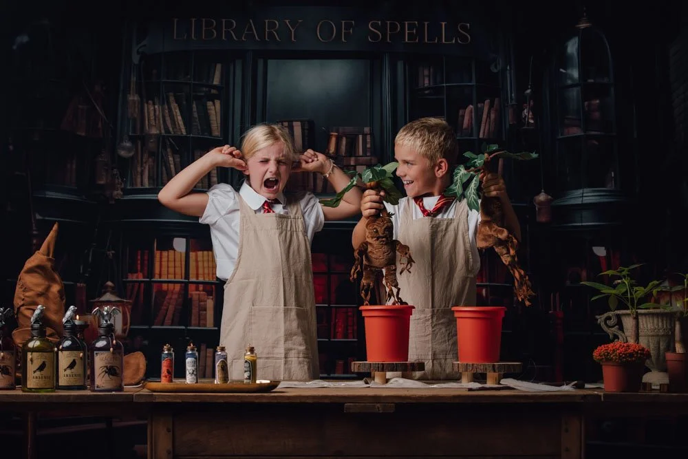 Deux enfants en blouse et cravate, dans une bibliothèque de sorts, qui semblent faire de la magie avec des plantes et des potions, l'un pleure ou crie et l'autre se moque ou sourit.