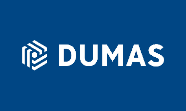 Logo Dumas avec un symbole géométrique et le texte en blanc sur fond bleu.