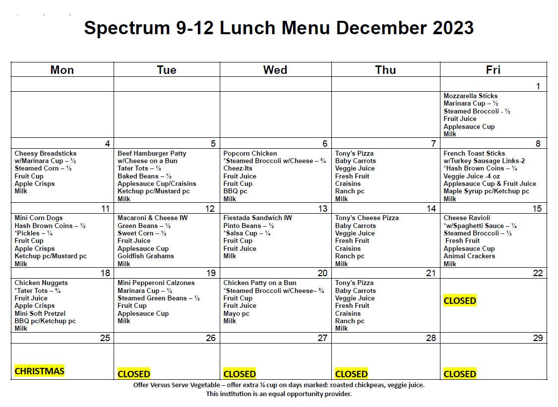 Lunch Program & Menus — Spectrum