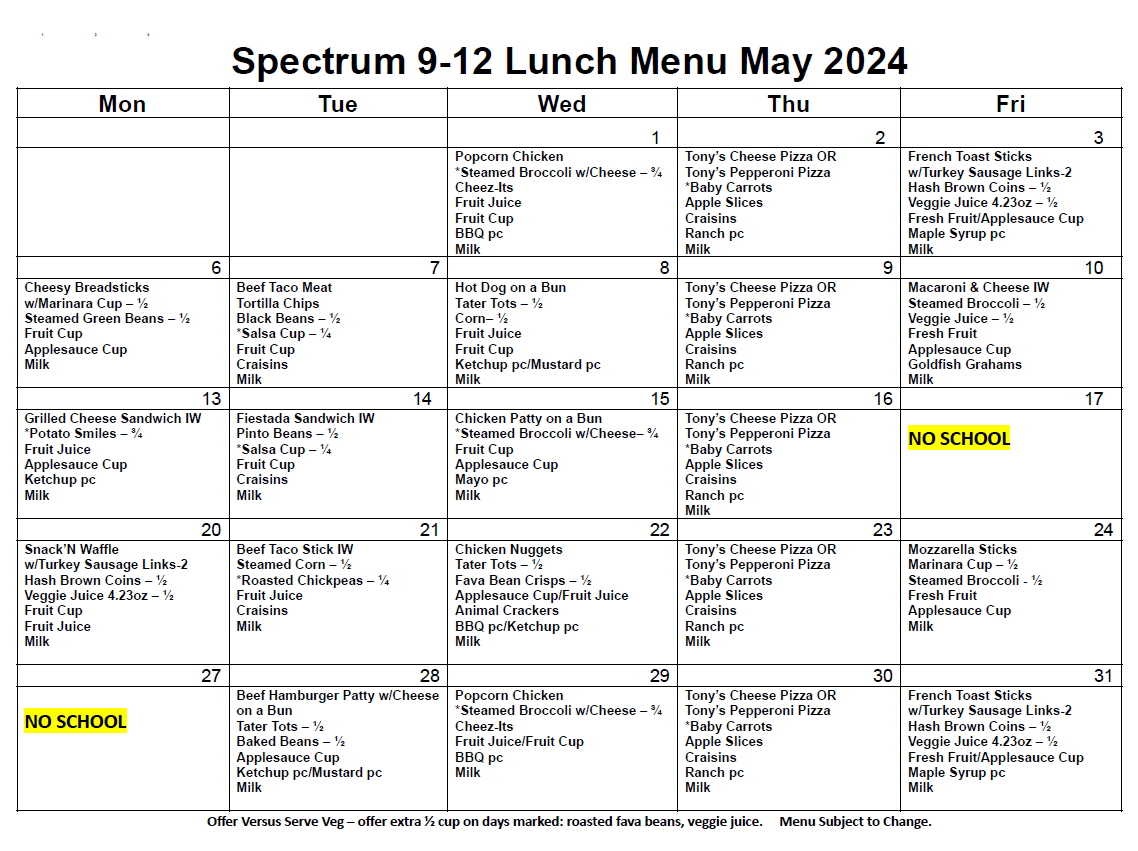 Lunch Program & Menus — Spectrum