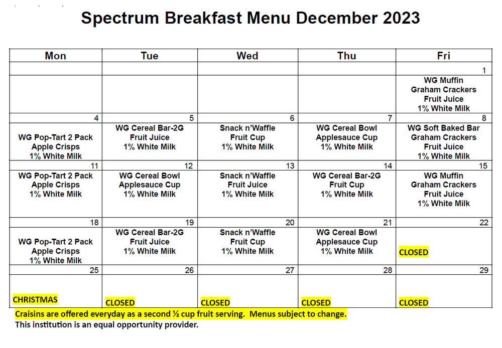 Lunch Program & Menus — Spectrum