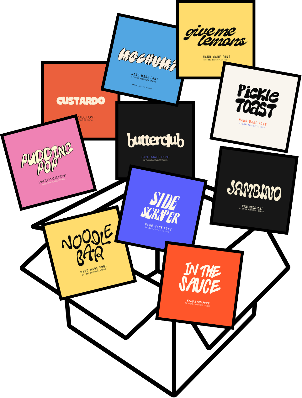 Collection of colorful squares featuring various handwritten-style fonts with food-themed names such as 'give me lemons,' 'MOCHA,' 'CUSTARD,' 'picke toast,' 'bumerub,' 'SIDE SCRAPER,' 'JAMBON,' 'NUDLE BAR,' and 'IN THE SAUCE,' on a black background.