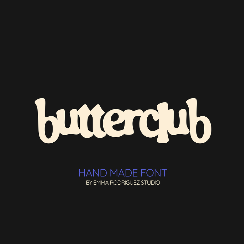 Graphic design of the word 'buterfqib' in a thick, hand-made font on a black background, with smaller text below that reads 'HAND MADE FONT BY EMMA RODRIGUEZ STUDIO'.