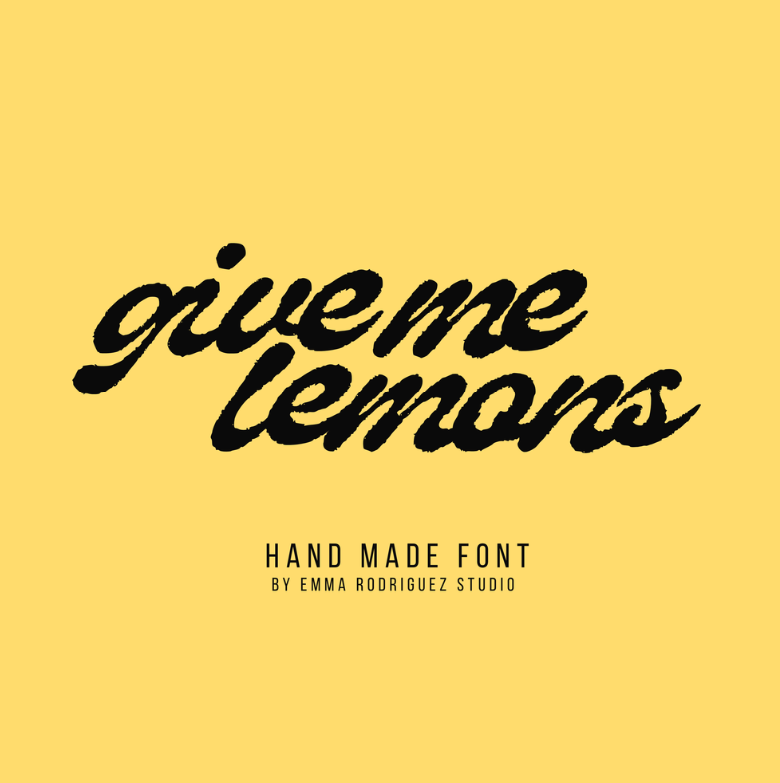 Yellow background with black handwritten-style text that says 'güime lemons' and a smaller line of text below that reads 'Hand Made Font by Emma Rodriguez Studio'.