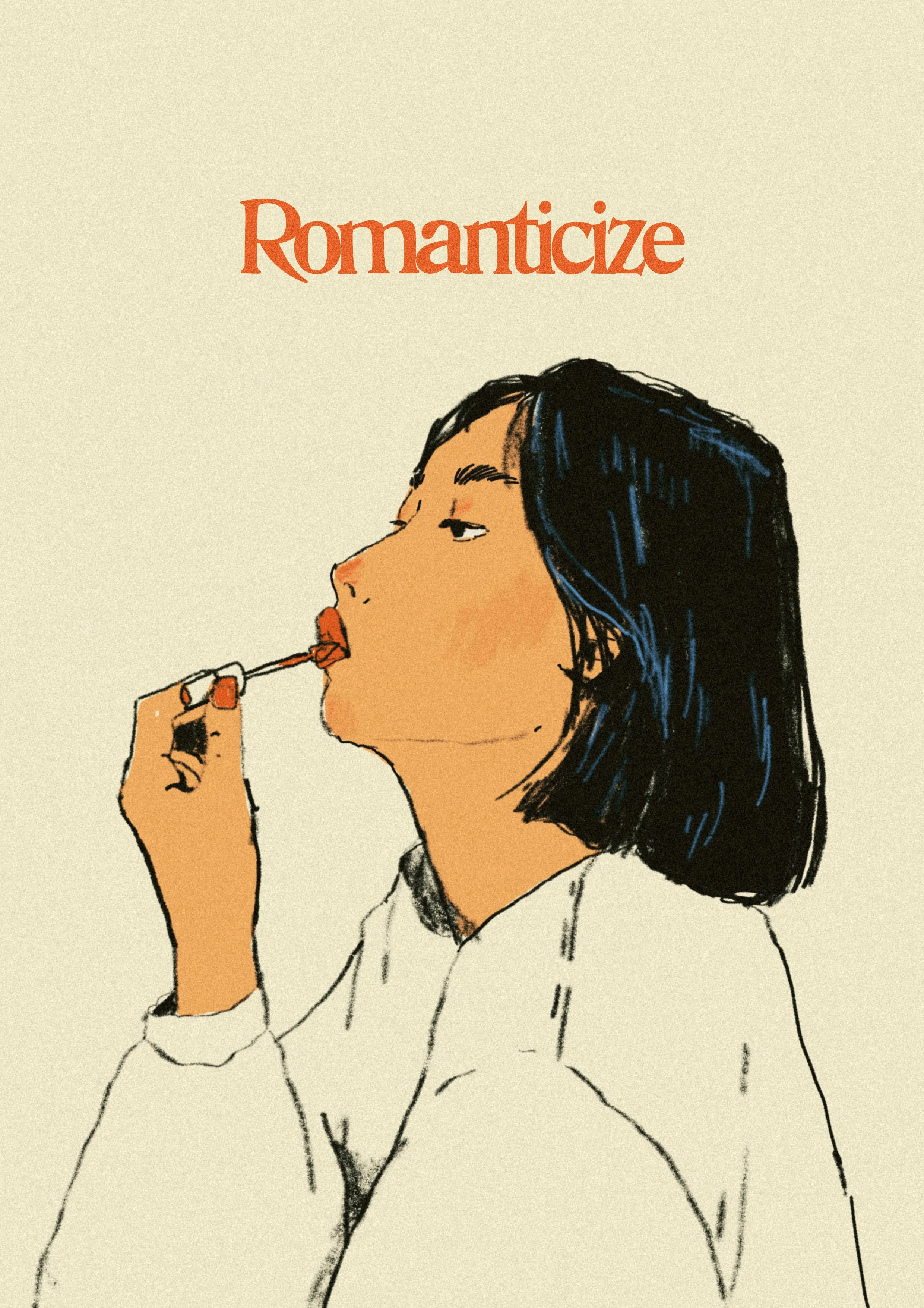 Illustration of a woman with dark hair applying red lipstick, with the word 'Romanticize' written above in orange text.