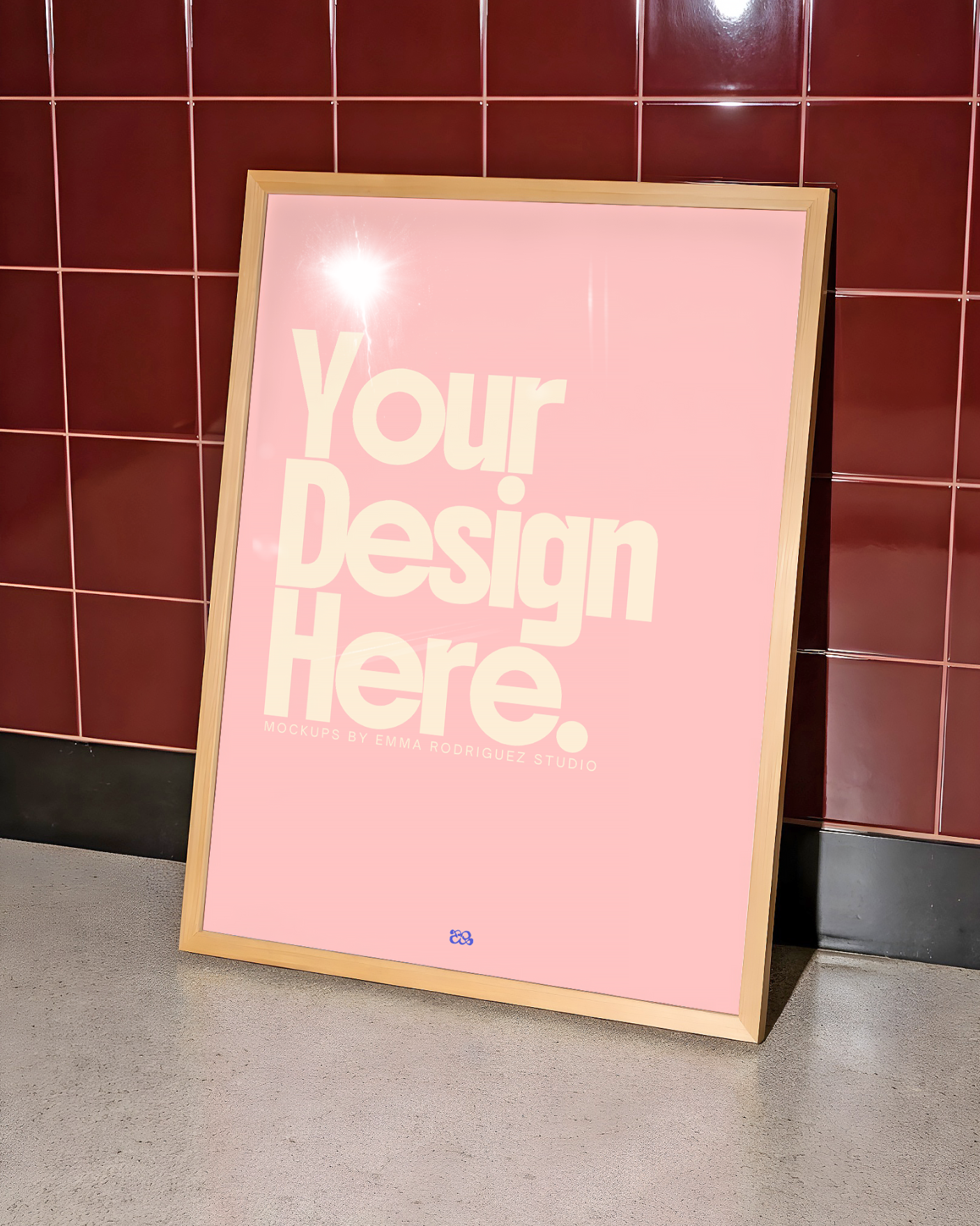 FREE Oak Frame Mockup, Leaning on Red Tile Wall, for Wall Art