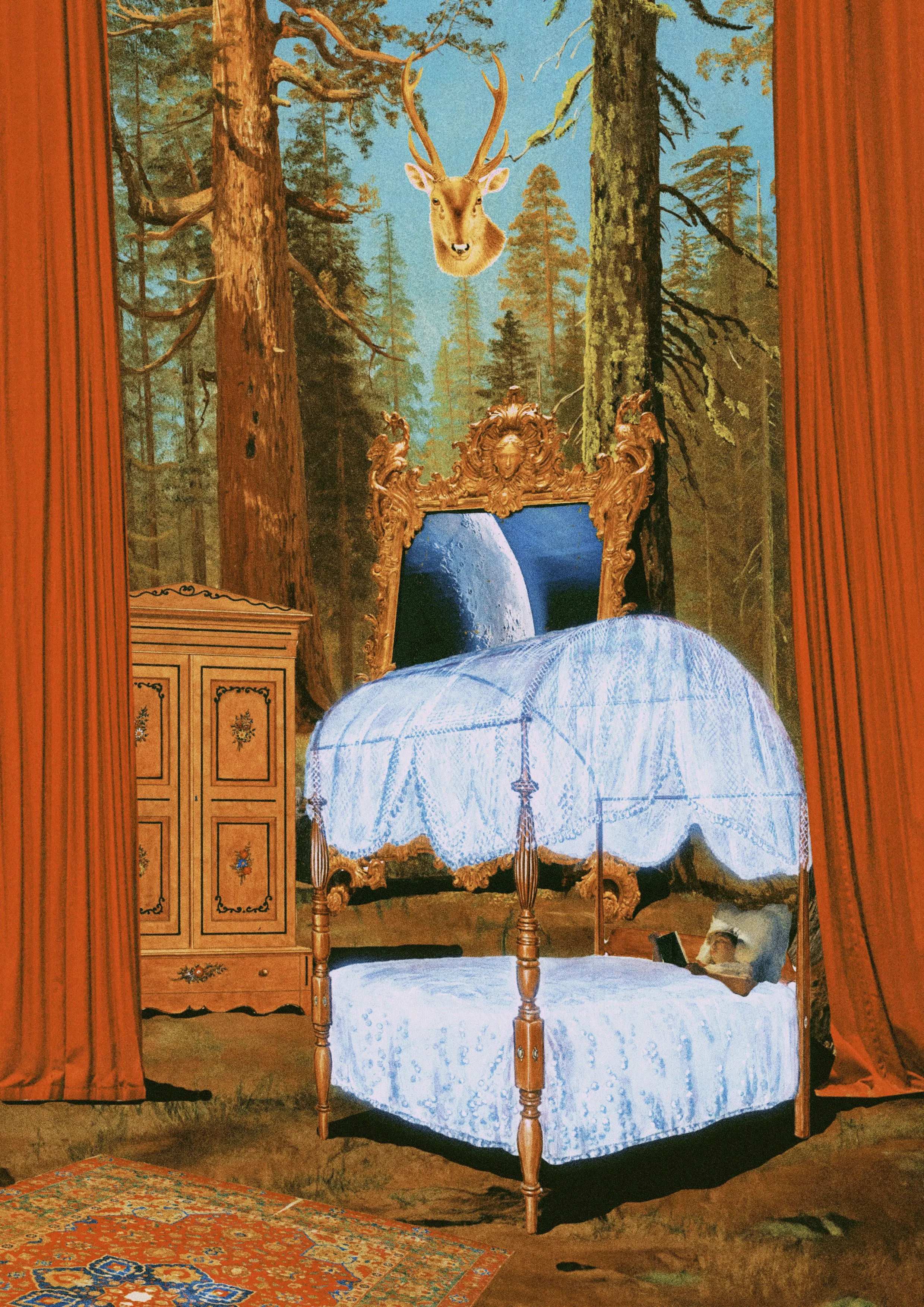 A bedroom with canopy bed and ornate wooden furniture, large forest mural with trees, and a mounted deer head with antlers overhead.
