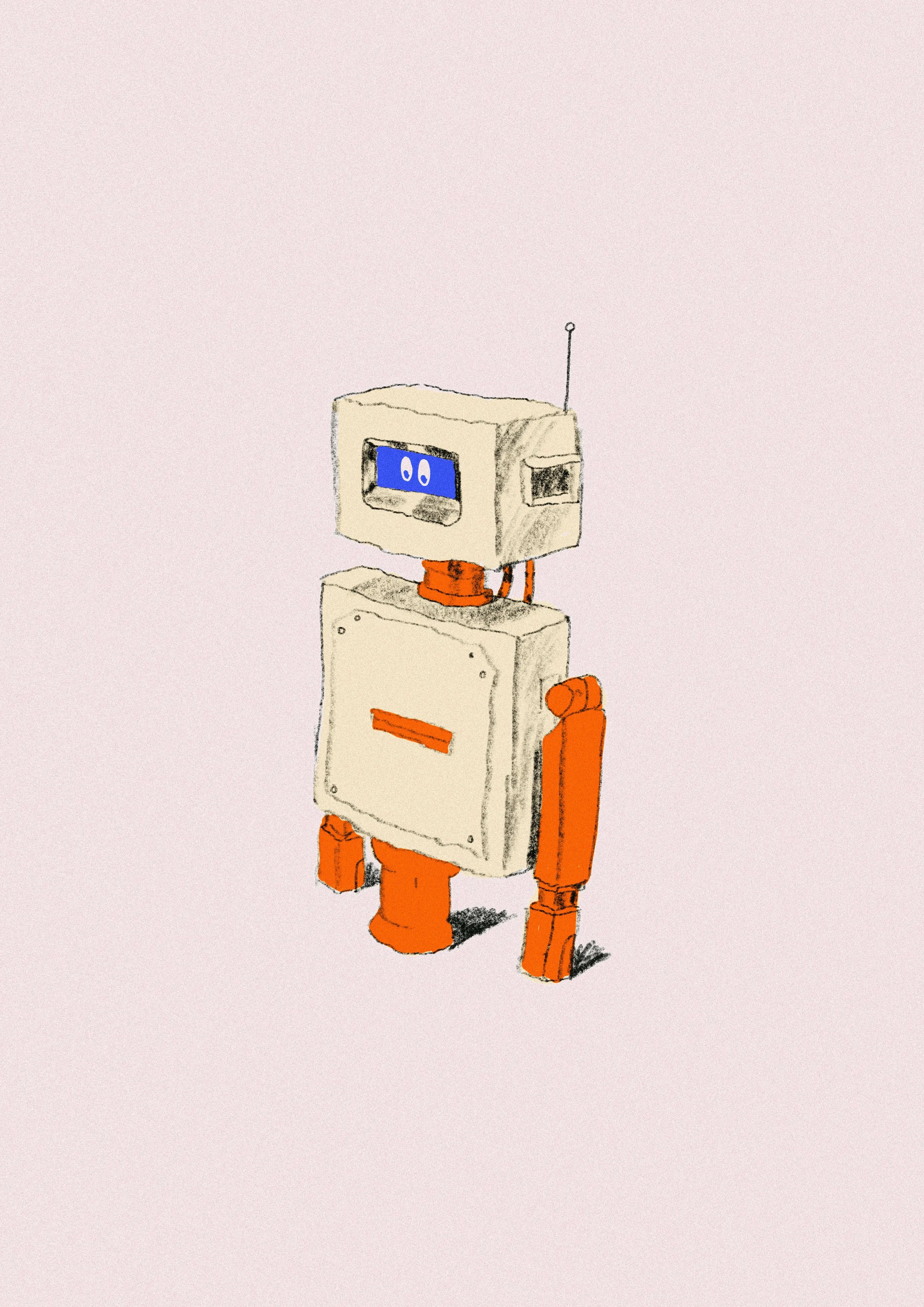 A cartoon robot with a beige boxy body, orange limbs, and a computer monitor head with a blue screen and two white eyes, standing against a light pink background.