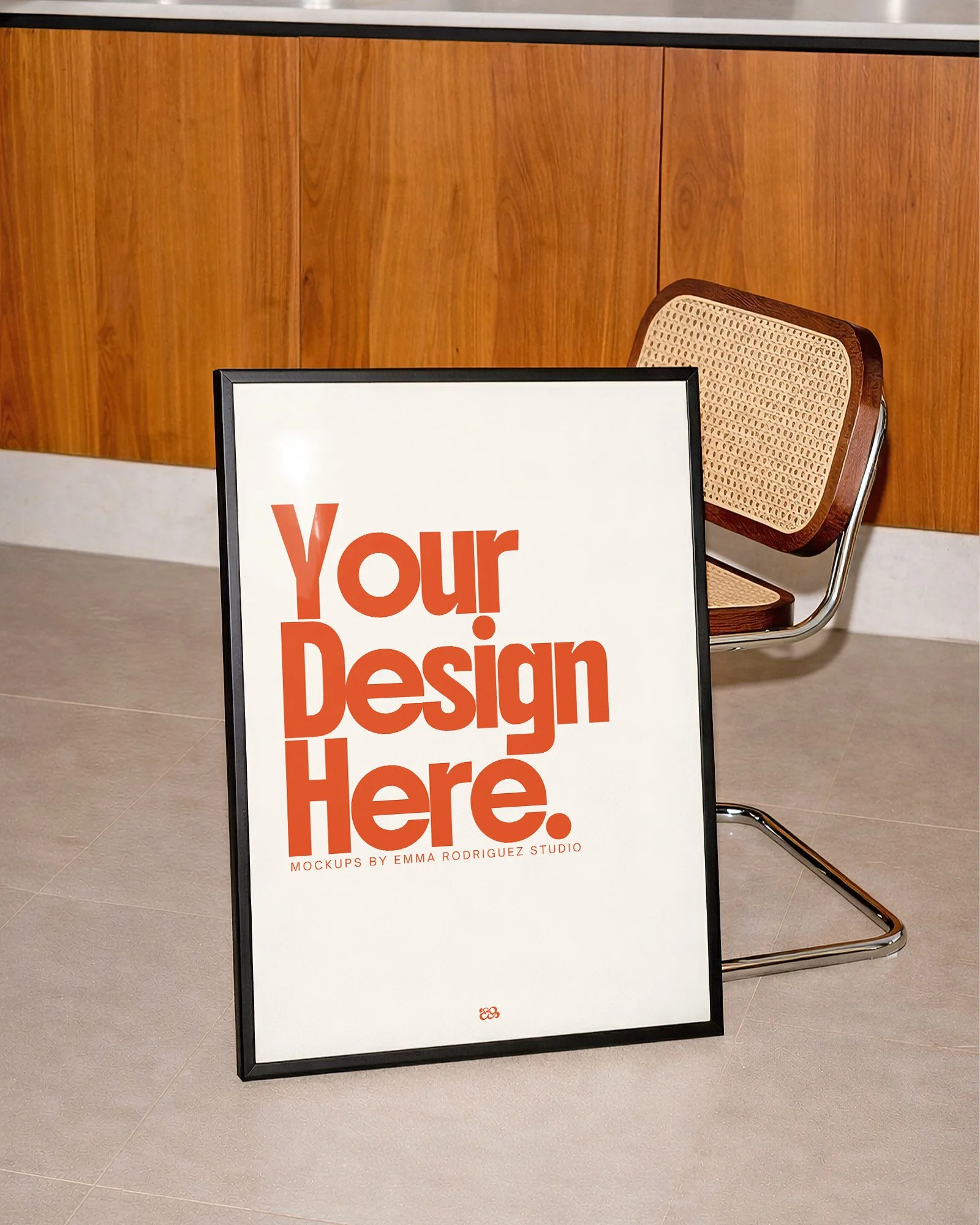 Signboard with the text 'Your Design Here' and a chair in the background.