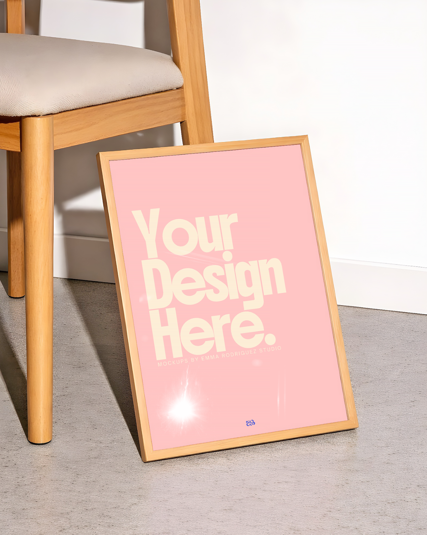FREE Oak Frame Mockup, Leaning on Chair, for Wall Art