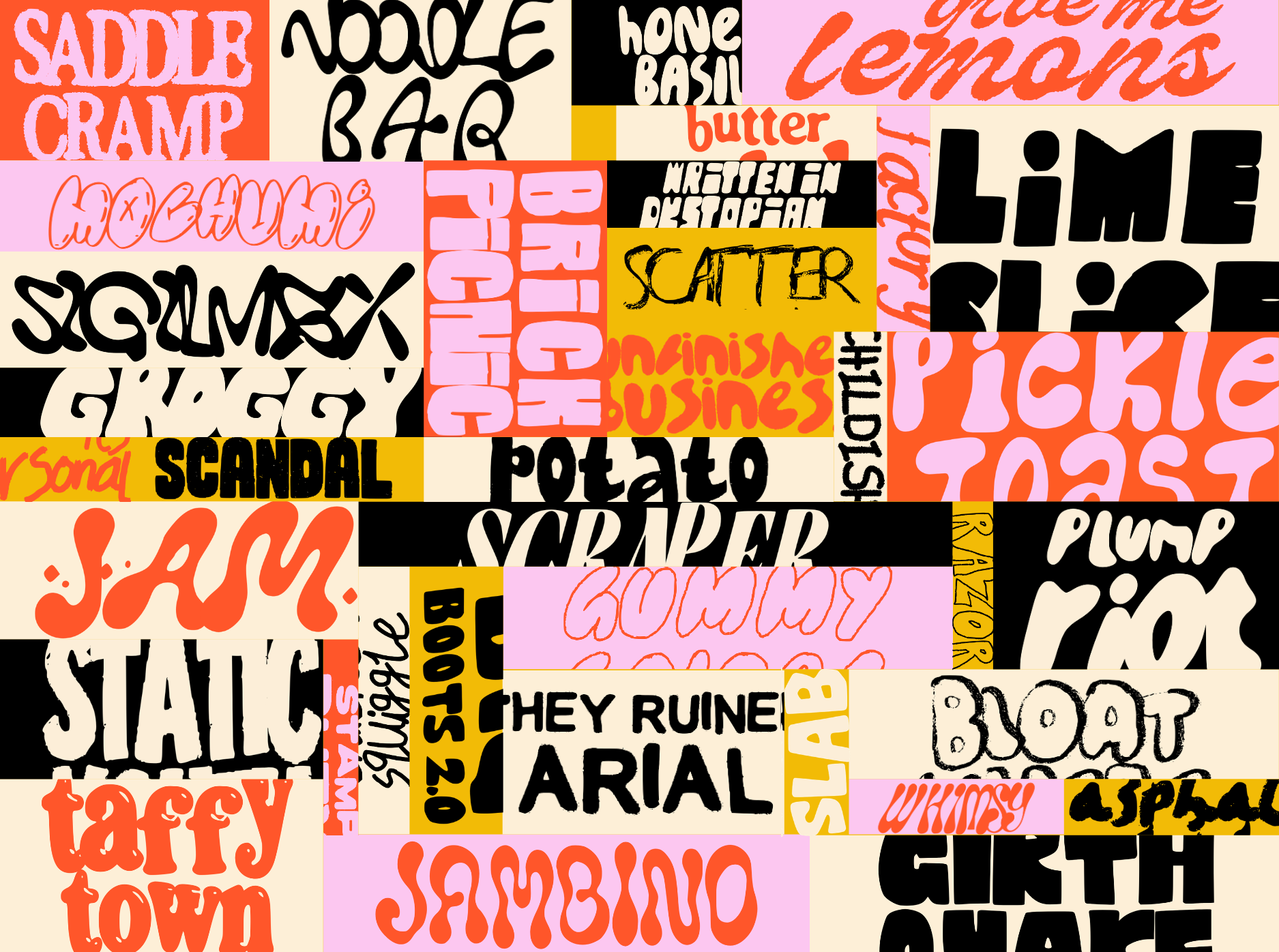 Preview of a 50 font typography bundle featuring retro display fonts, branding fonts, bubble lettering, editorial typography, handmade typefaces, and commercial use fonts for graphic designers, artists, illustrators, and creative businesses.