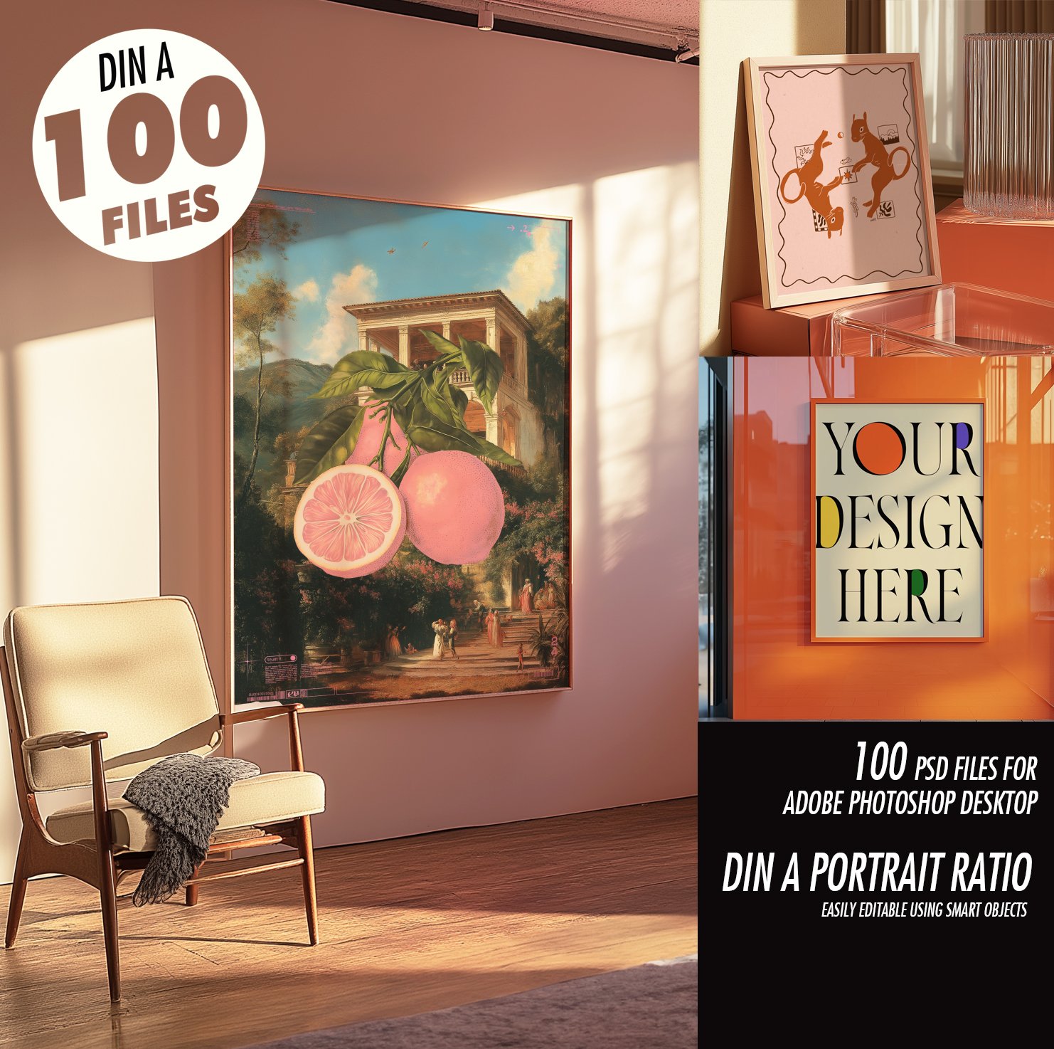 frame art print portrait mockup pack for graphic designers in mid century and urban settings and scene