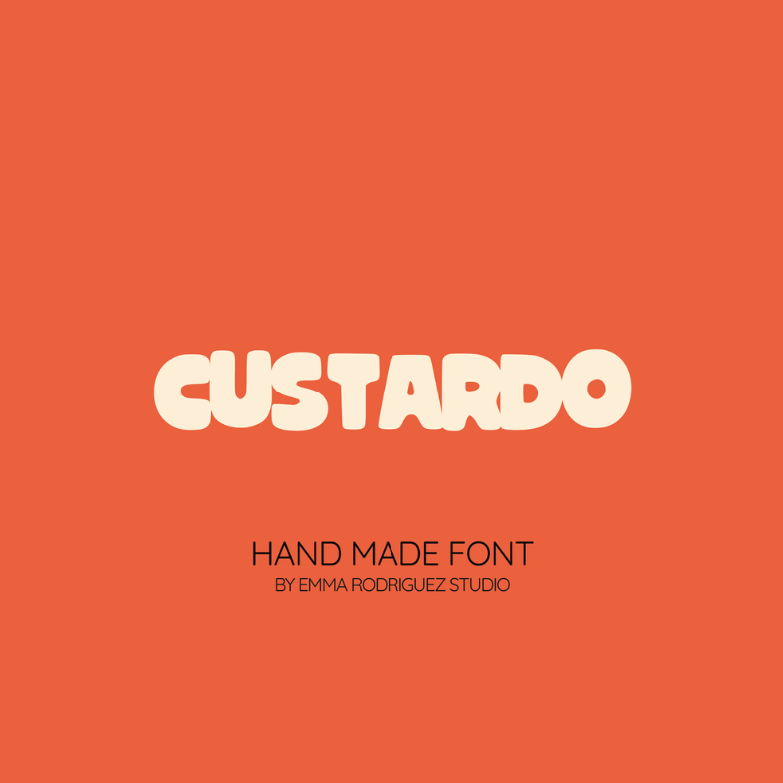 Cover of a font design book featuring the word "GUSTARDO" in a large, playful, cream-colored font set against a red-orange background, with smaller black text below reading "HAND MADE FONT BY EMMA RODRIGUEZ STUDIO."