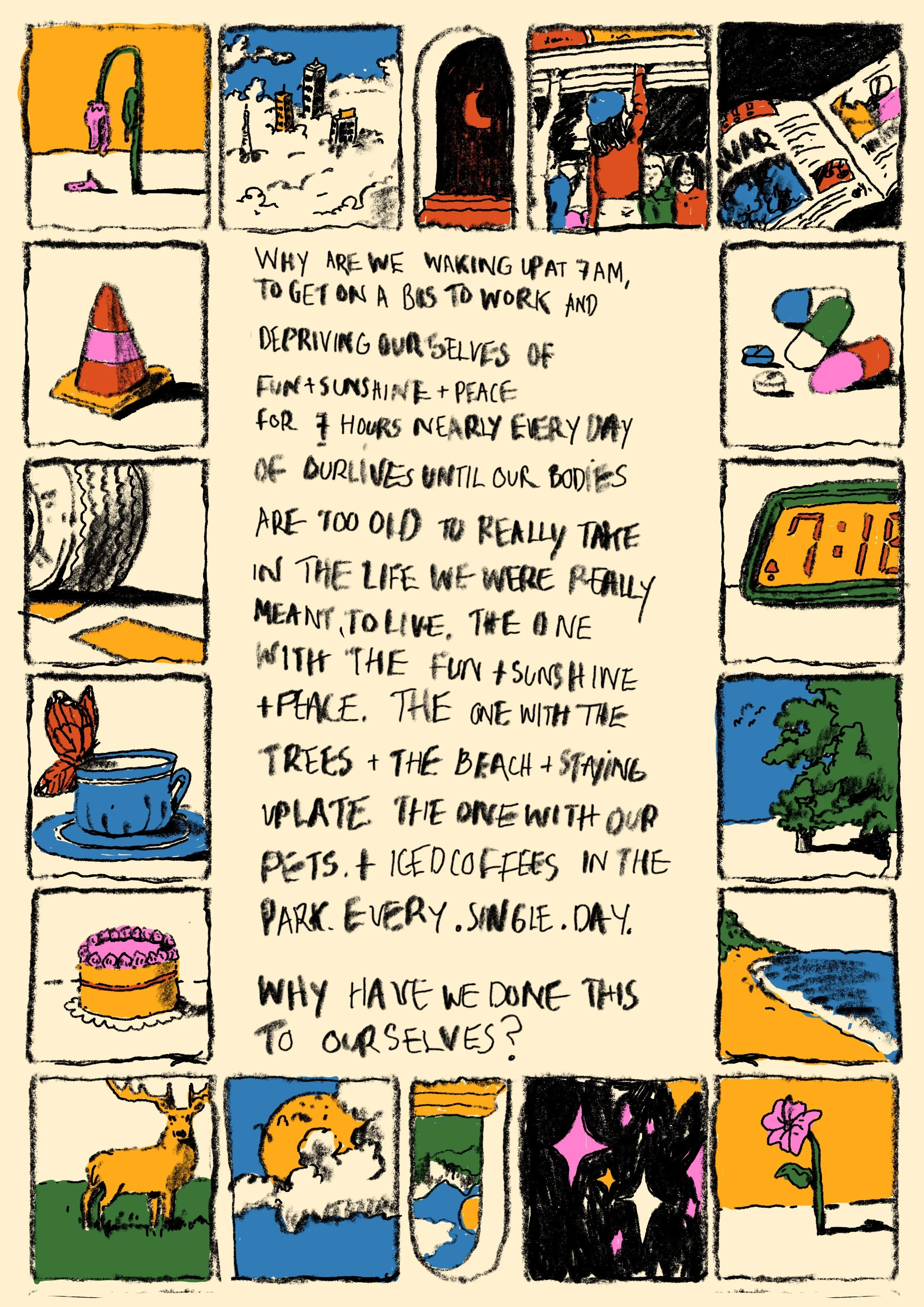 A colorful hand-drawn collage with a central handwritten message about the importance of nature and leisure activities, surrounded by small illustrations of outdoor scenes, plants, pets, and everyday objects.