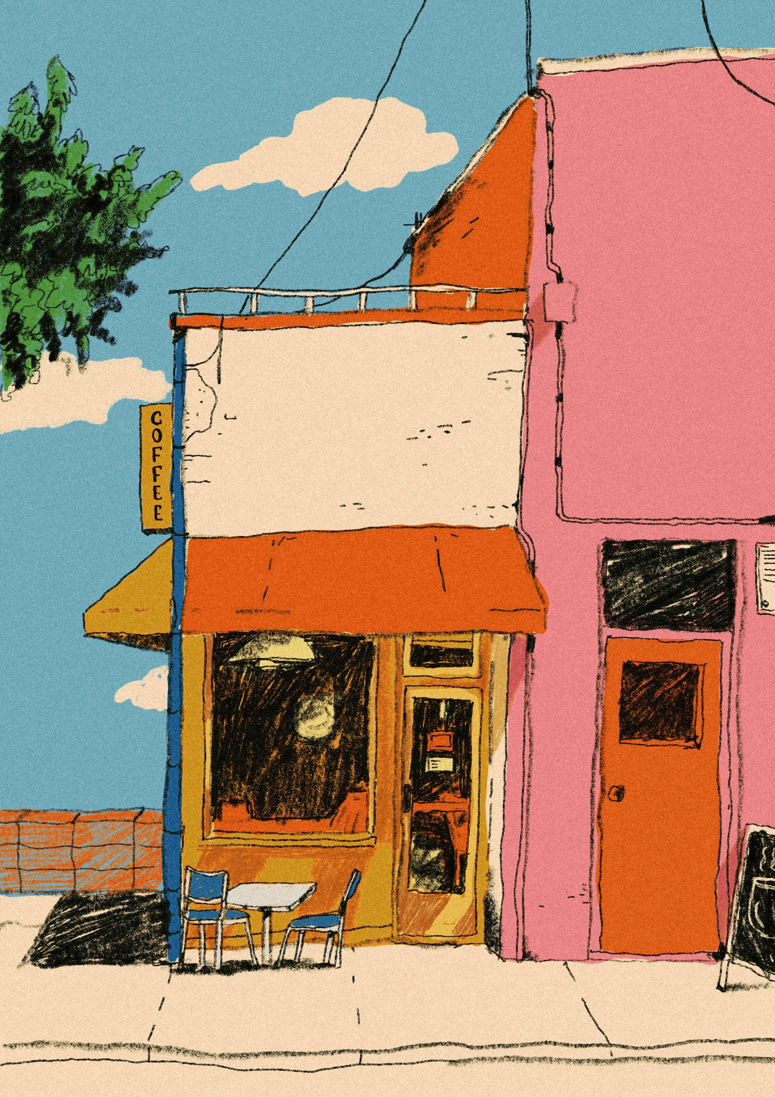 Colorful illustration of a small coffee shop with a yellow and orange facade, outdoor seating with two chairs and a table, a pink building adjacent, a tree on the left, and a blue sky with clouds above.