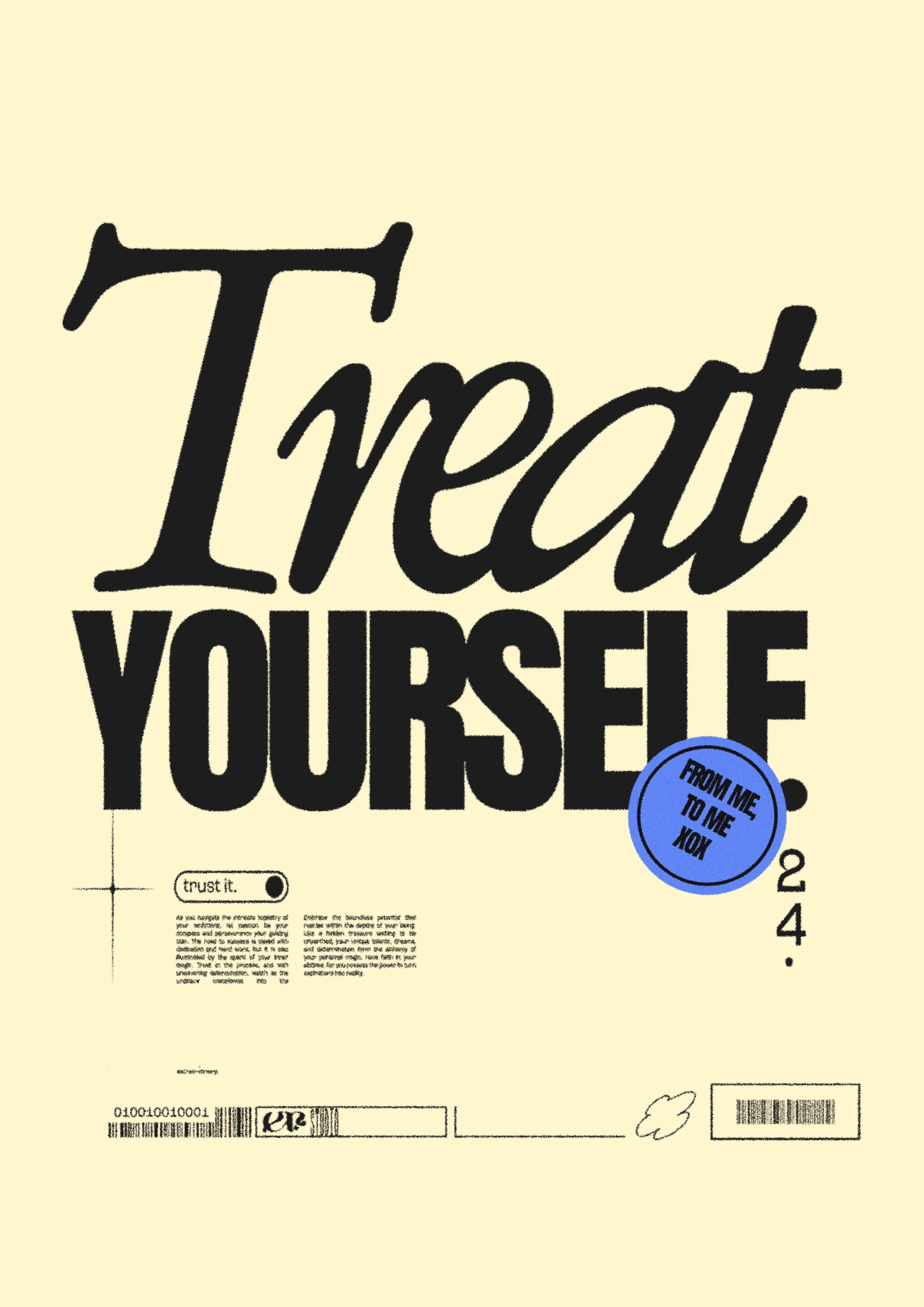 Book cover with large black cursive text saying "Treat yourself" on a pale yellow background, featuring a blue circular sticker that reads "FROM ME TO ME XO" and smaller black text at the bottom.