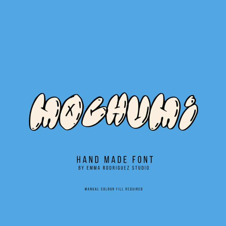 A blue background with stylized, cartoonish white text spelling 'WOCHUI' and additional smaller text that reads 'Hand Made Font by Emma Rodriguez Studio'.