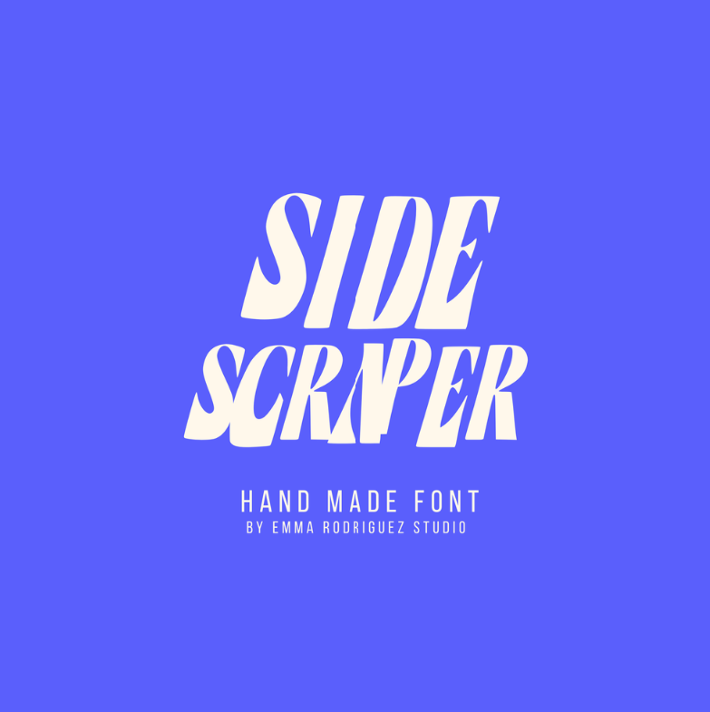 Purple background with white stylized hand-made font text saying "Side Scraper" and smaller text below stating "Hand Made Font by Emma Rodriguez Studio".
