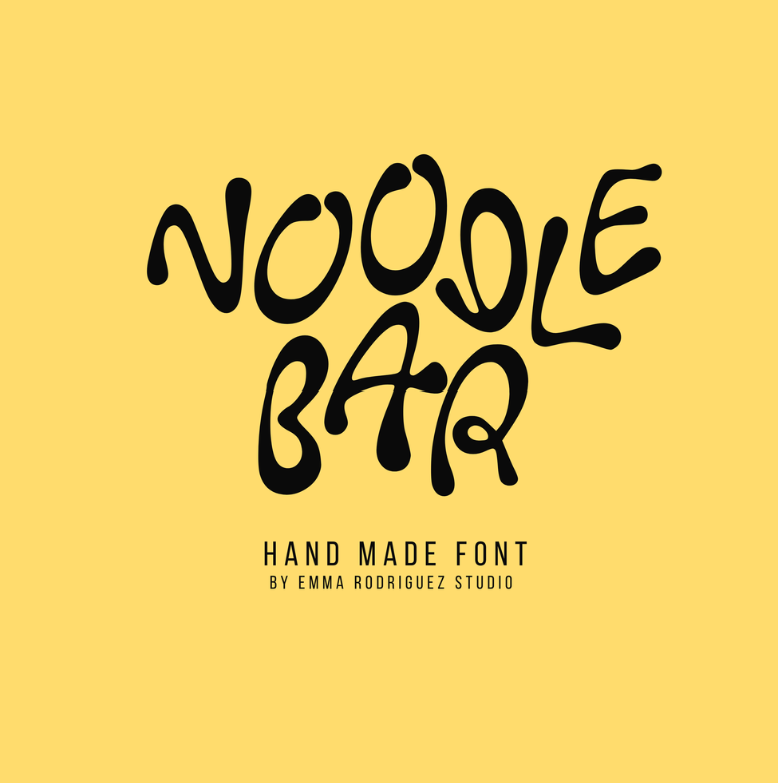 Yellow background with black, playful, handwritten-style font that reads 'NOODLE BAR'. Small text below says 'HAND MADE FONT BY EMMA RODRIGUEZ STUDIO'.