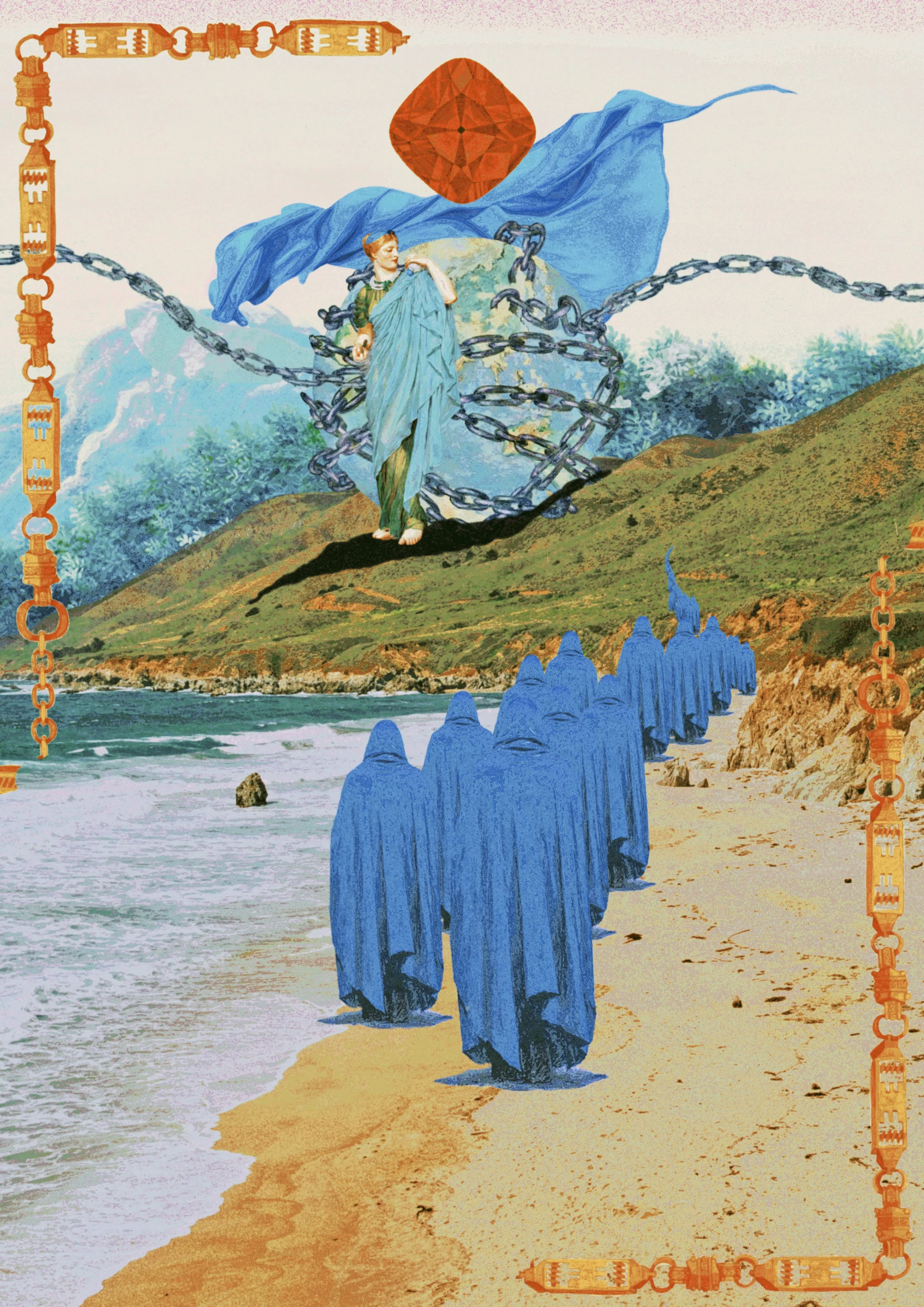 A collage featuring a beach scene with a group of hooded figures in blue, a woman carrying the world, chains, a red shape, and blue fabrics, framed by an orange ornate border.