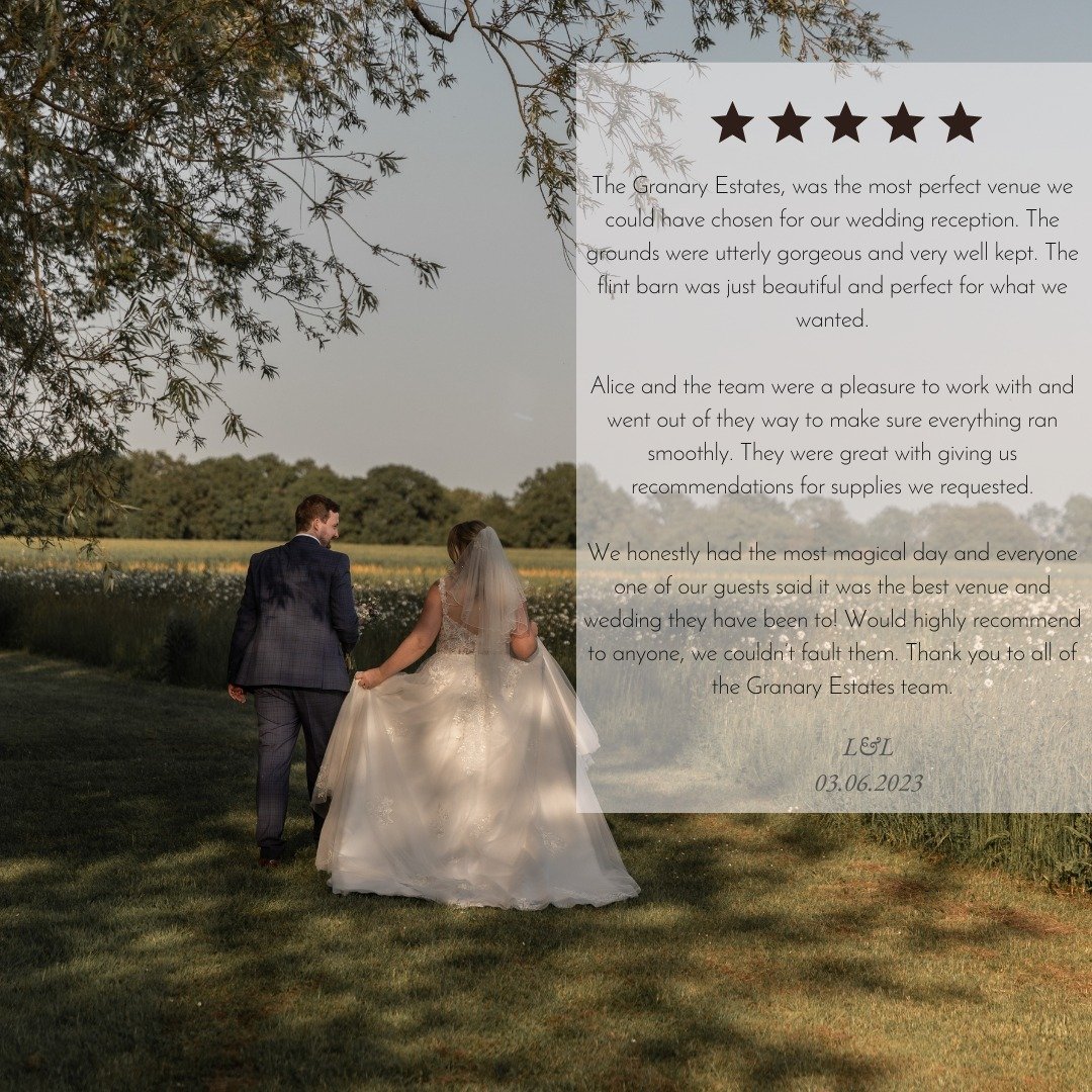 L &amp; L's lovely review from their stunning June wedding in 2023! 🤍⁠
⁠
⁠
Photographer - @thomasellwoodphotography⁠
⁠
#brideandgroom #rusticbarnvenue #summerwedding #cambridgeshireweddingvenue