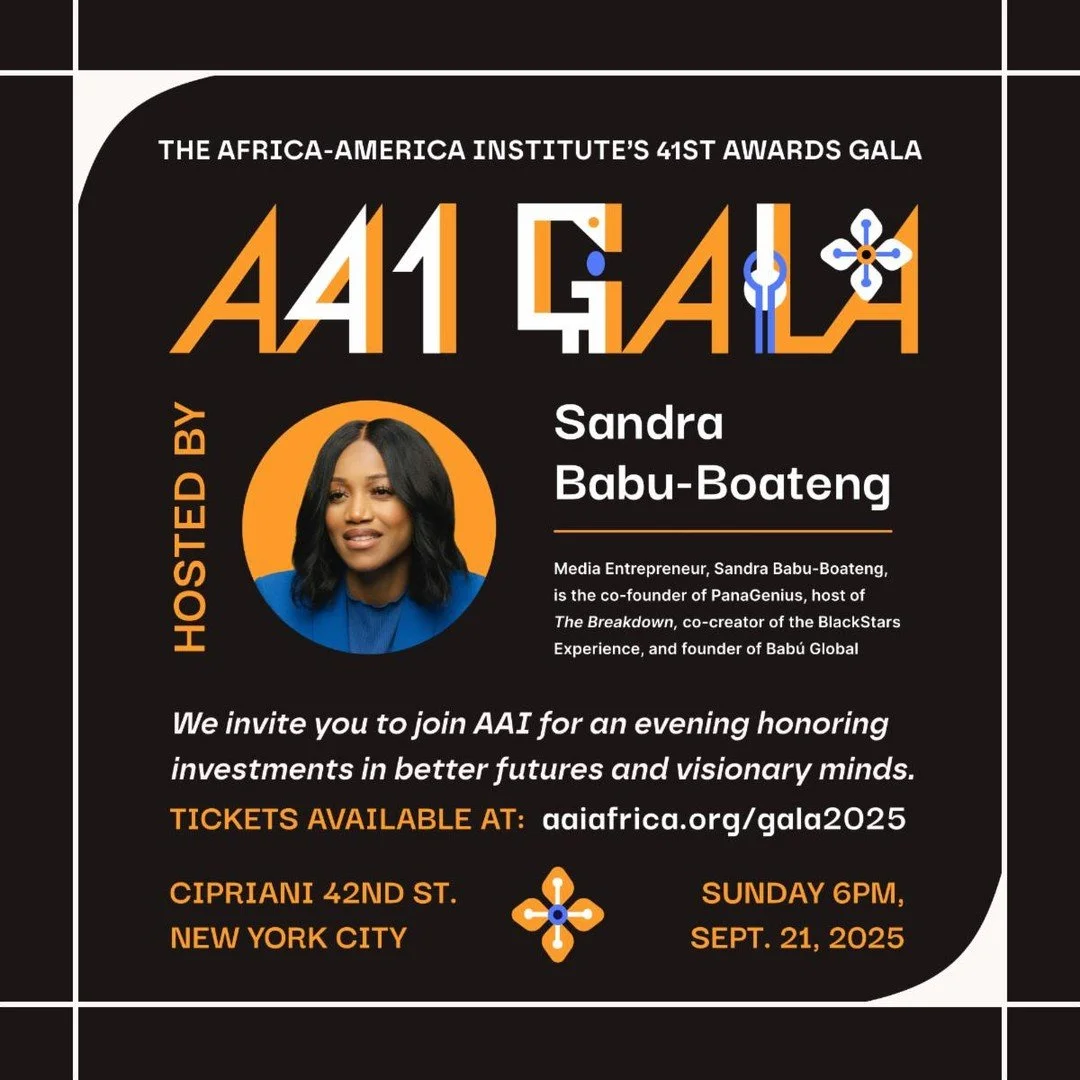 We are delighted to announce that @sandrababuboateng, co-founder of @panagenius_ and host of @the.breakdown.pod, will be hosting our 41st Annual Awards Gala this Sunday at Cipriani 42nd Street! For more information about our gala, please visit https: