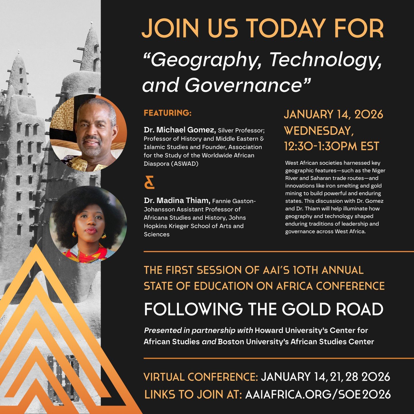 Today is the first session of AAI's 2026 State of Education on Africa Conference! Join us at 12:30pm EST for "Geography, Technology, and Governance" with Dr. Michael Gomez and Dr. Madina Thiam. Webinar link on aaiafrica.org/soe2026