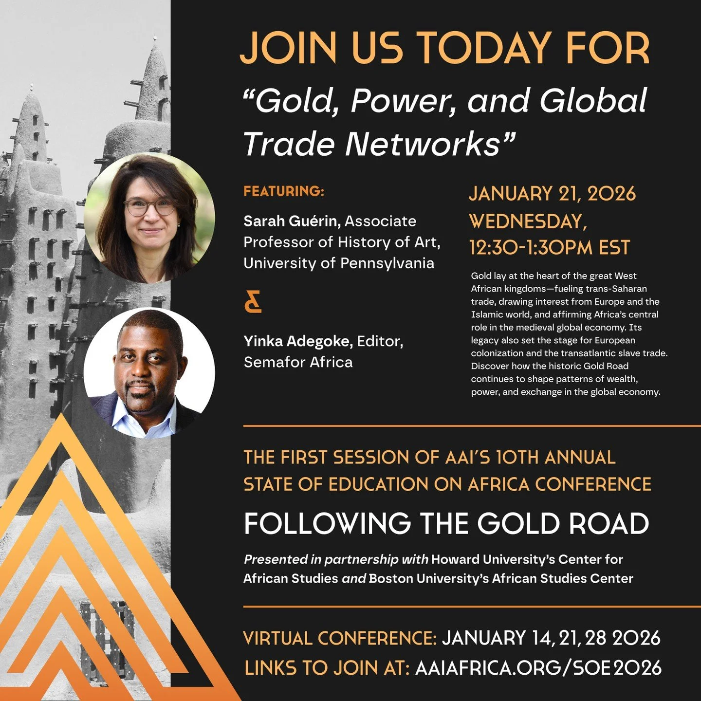 Today is the second session of AAI's 2026 State of Education on Africa Conference! Join us at 12:30pm EST for "Gold, Power, and Global Trade Networks" with Prof. Sarah Gu&eacute;rin and Semafor Africa's Yinka Adegoke. Webinar link available